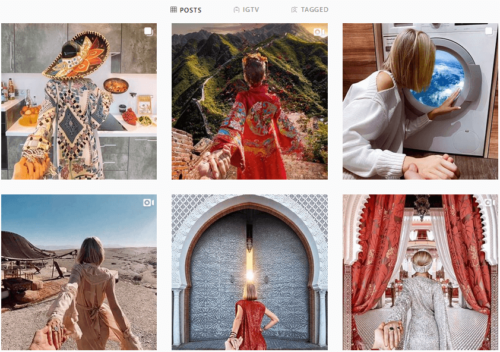 instagram feed with different images of woman facing away from camera