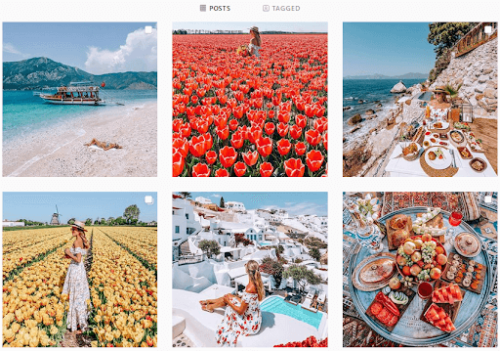 instagram feed with images of flowers and clear blue water